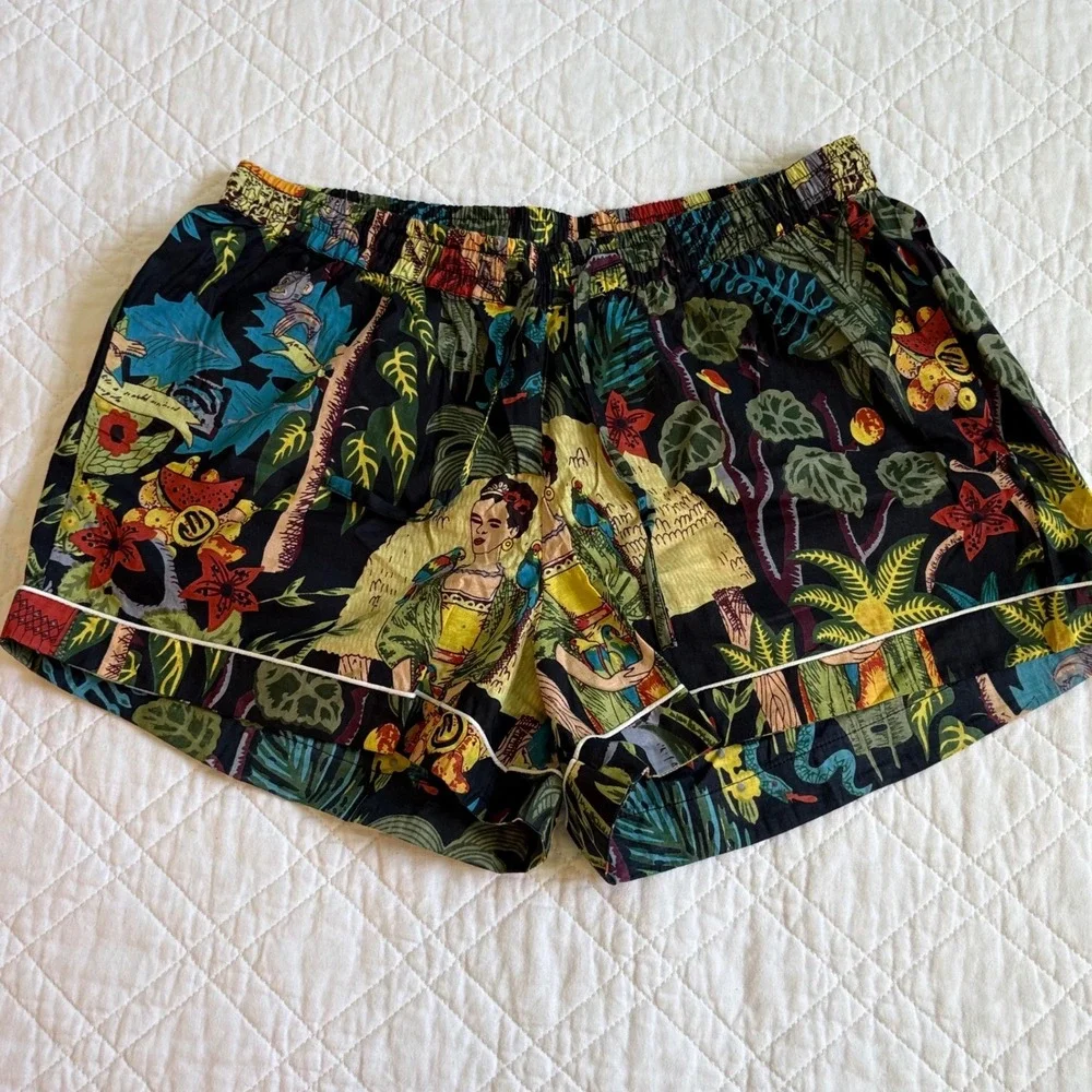 SLV Sur La Vague Frida Kahlo Tropical Jungle Cotton Pajama Set M/L Black Multi‎